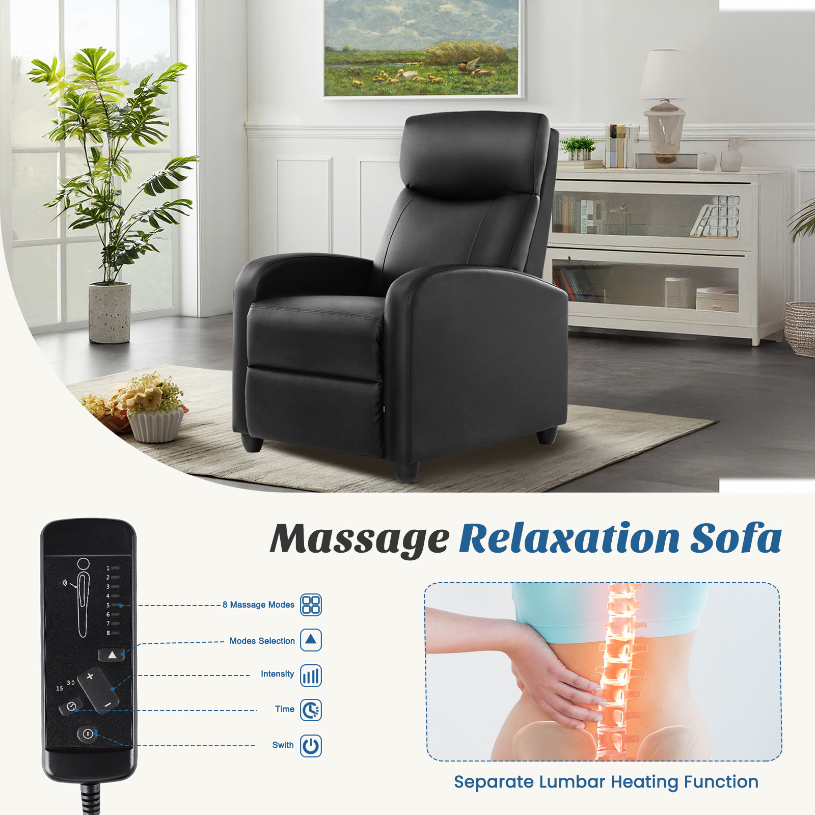 JIOABL Recliner Sofa, Adjustable Comfort Footrest for Living Room, Lounge, Bedroom, Black