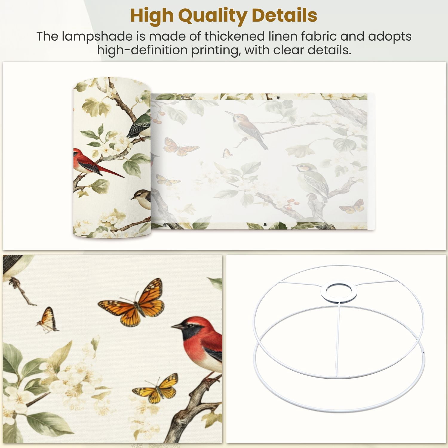 Linen Drum Lampshades Vintage Bird Floral Butterflies Leaf Birds Branches Leaves 13"x13"x10" Light Shade for Table Lamps Floor Lamps Drum Lamp Shades Lampshade Replacement Assembly Required