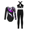thumbnail image 2 of TTAO Kids Girls Long Sleeve Printed Gymnastics Leotard Jumpsuit Ballet Dance Bodysuit Vest and Skating Tights Leggings Set Black&Purple 4, 2 of 5