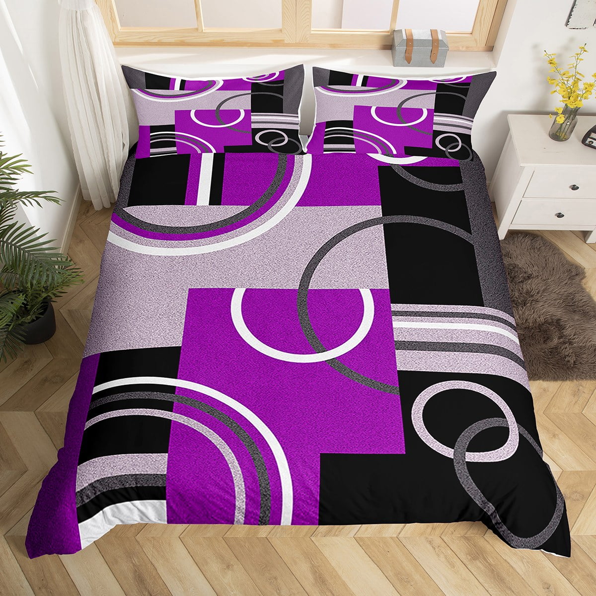 Abstract Stripes Swirls Duvet Cover Modern Purple White Comforter Cover