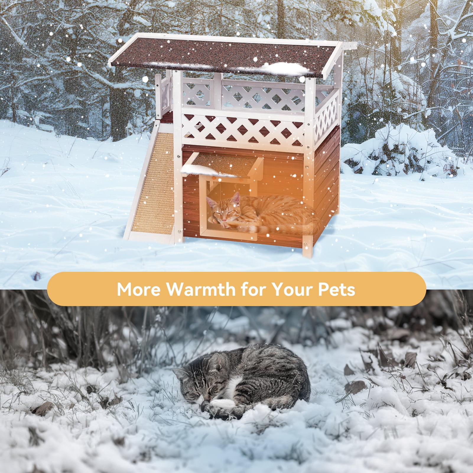 Petsfit 2-Story Outdoor Cat House with Scratching Board & Stairs, Red