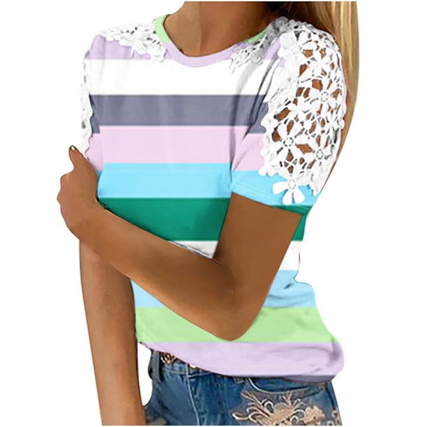 Camisas de Manga Corta para las Mujeres Impresión Cuello Redondo Suéter Encaje Camisa, Blusa de Verano Casual para las Mujeres