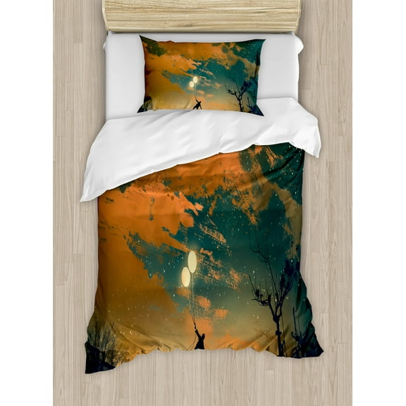 Ambesonne Fantasy Duvet Cover Set, Starry Night Sky Fun, Twin, Orange Ash Grey