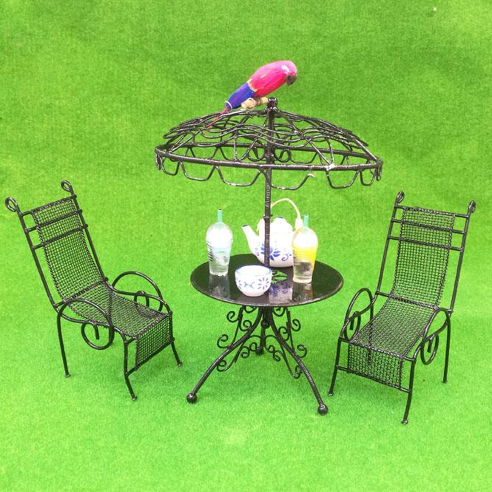 Black Table and 4 Chairs Set 1:12 Dollhouse Miniature Furniture Iron Metal 5PCS 