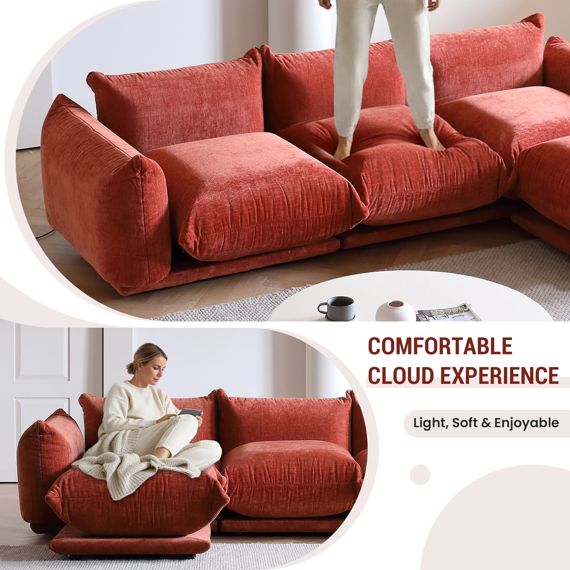 Magic Home Convertible Sectional Sofa Modular Couch Floor sofas Foam Couch L-Shaped Modern Sectional Sofas Chenille Modular Sofas Orange Sectional Sofas for Living Room Sets Sectional, Orange