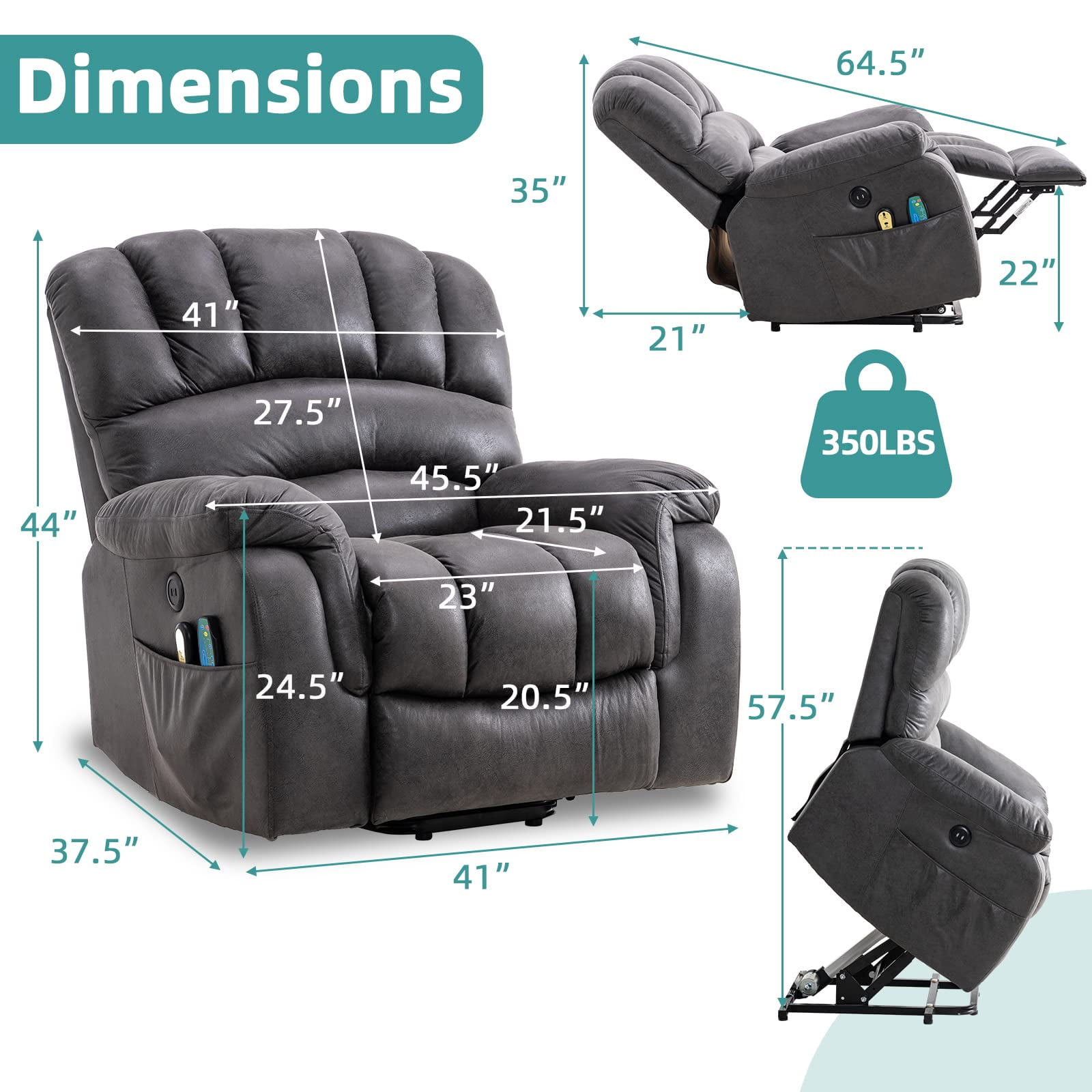 MEETWARM Large Power Lift Electric Recliner Chair with Massage and Heat, Overstuffed Wide Recliner for Elderly Big People, Heavy Duty Recliners with 2 Remote Controls, USB Ports, 2 Side Pockets, Gray