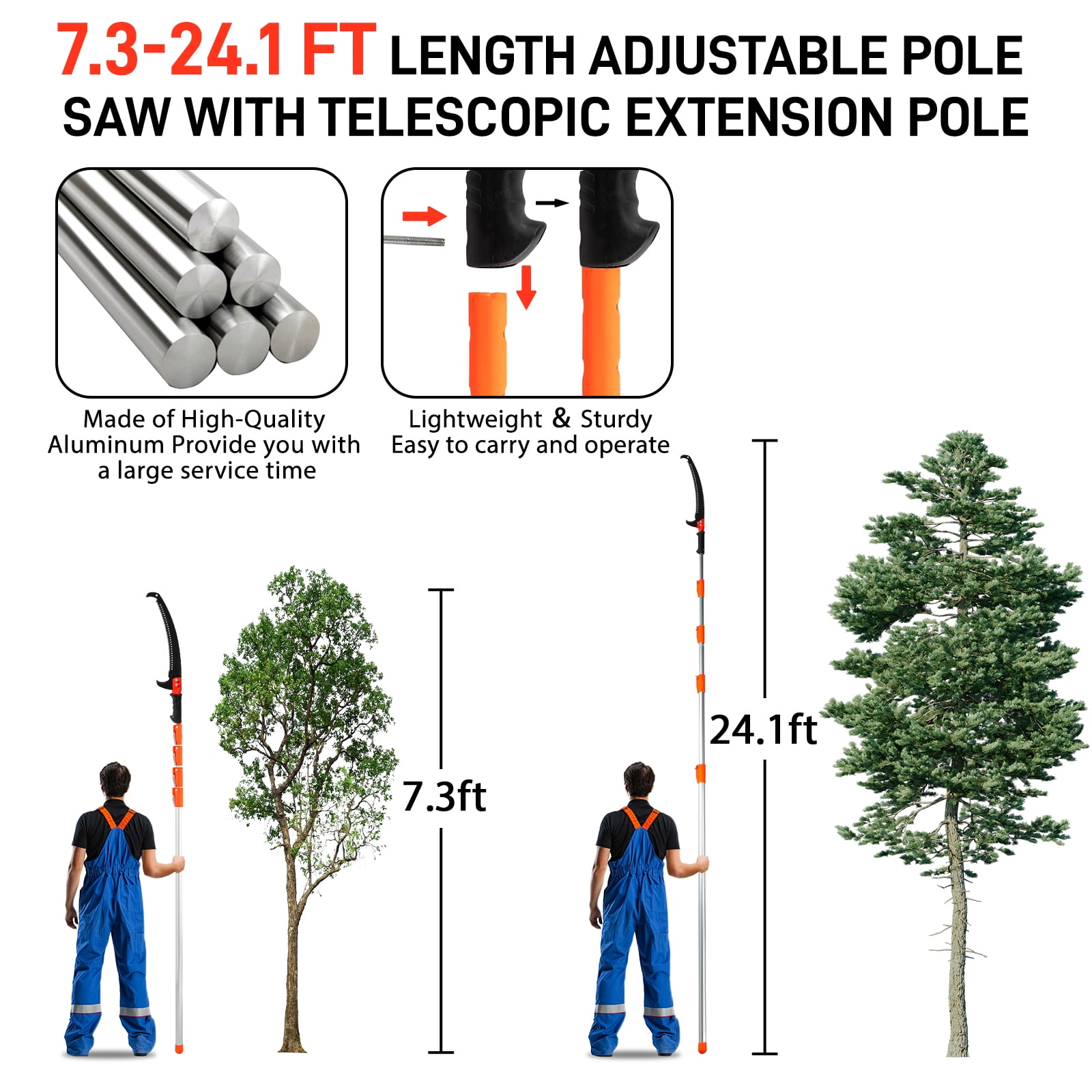 24ft Manual Pole Saw Set, Extendable 7.3ft to 24.1ft, Alloy Steel Blades, Fiberglass Poles, Rope Pull System, All-in-One Pruning Kit for Garden Trees & Shrubs