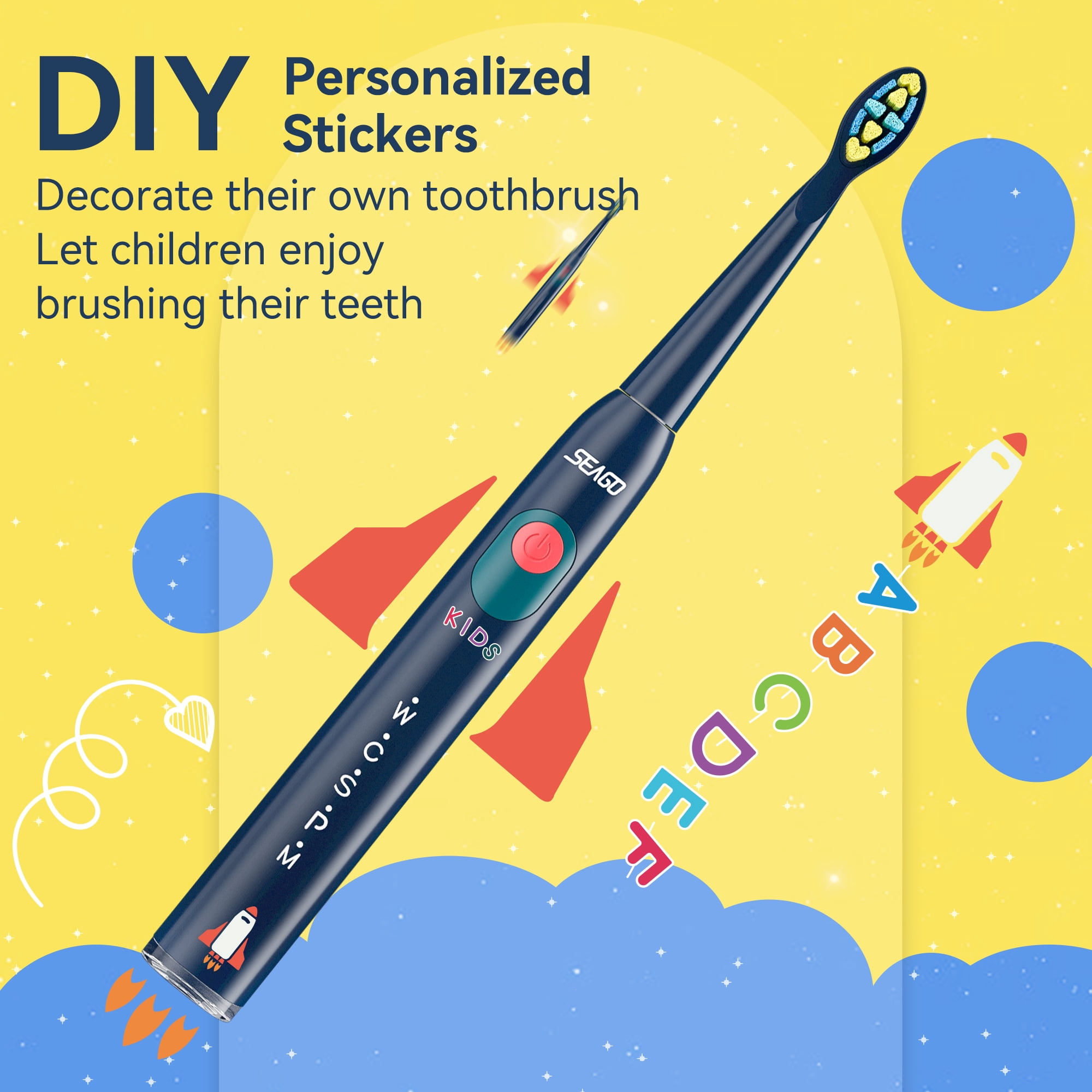 Seago Sonic Kids Rechargeable Electric Toothbrush,SG-2303Navy Blue,DIY Stickers,8 Soft Brush Heads,5 Modes, for Kids 6-12