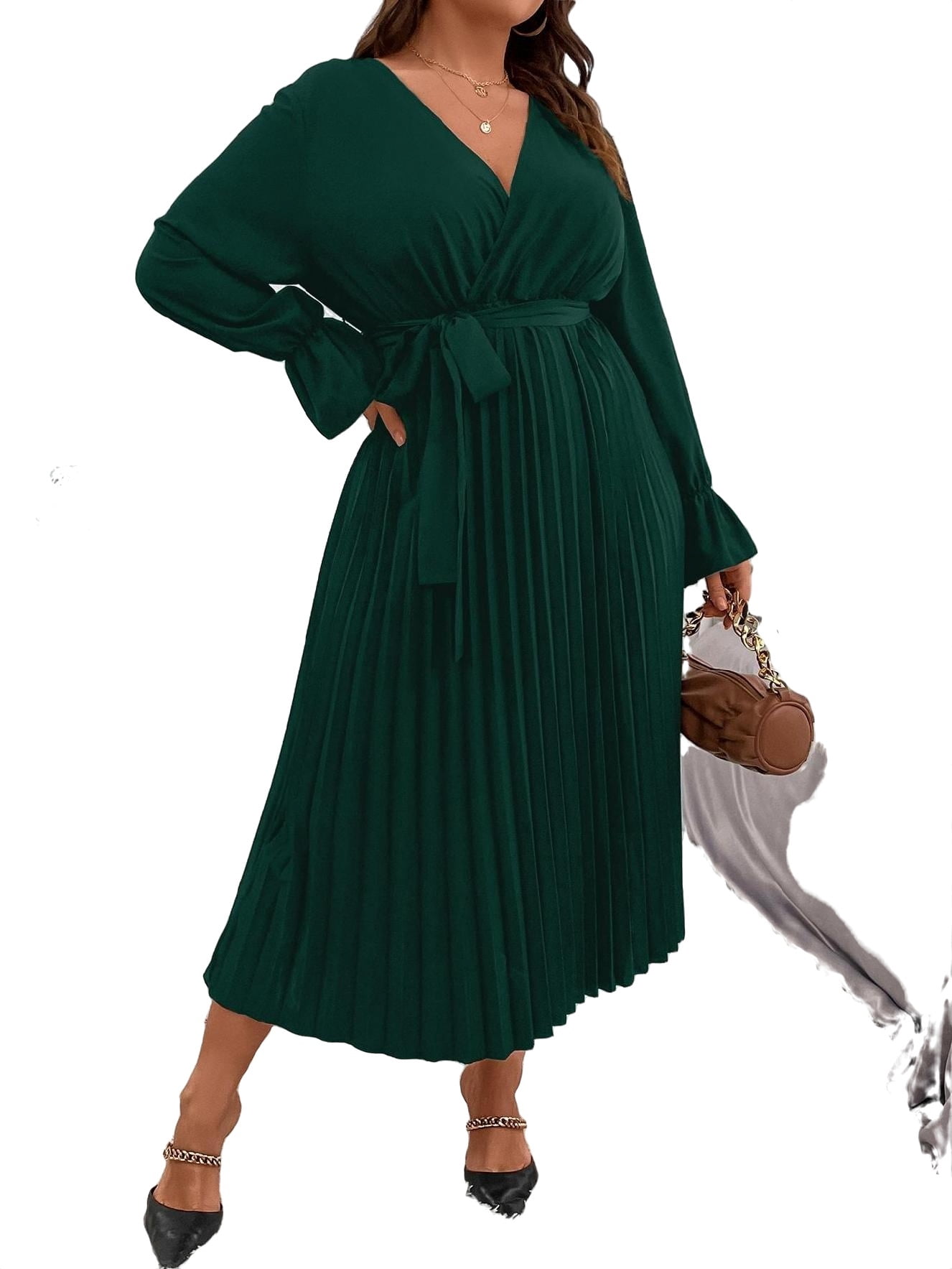 A-Line Pleated Chiffon Dress with V-Neck Dark Green Plus Size