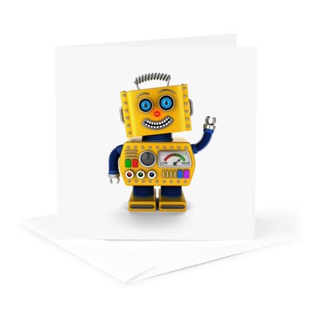 3dRose, Happy toy robot waving hello, 1 Greeting Card with envelope