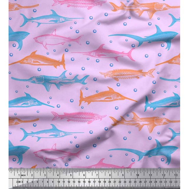 Soimoi Polyester Crepe Fabric Bubbles & Fish Ocean Print Fabric by Yard 42 Inch Wide