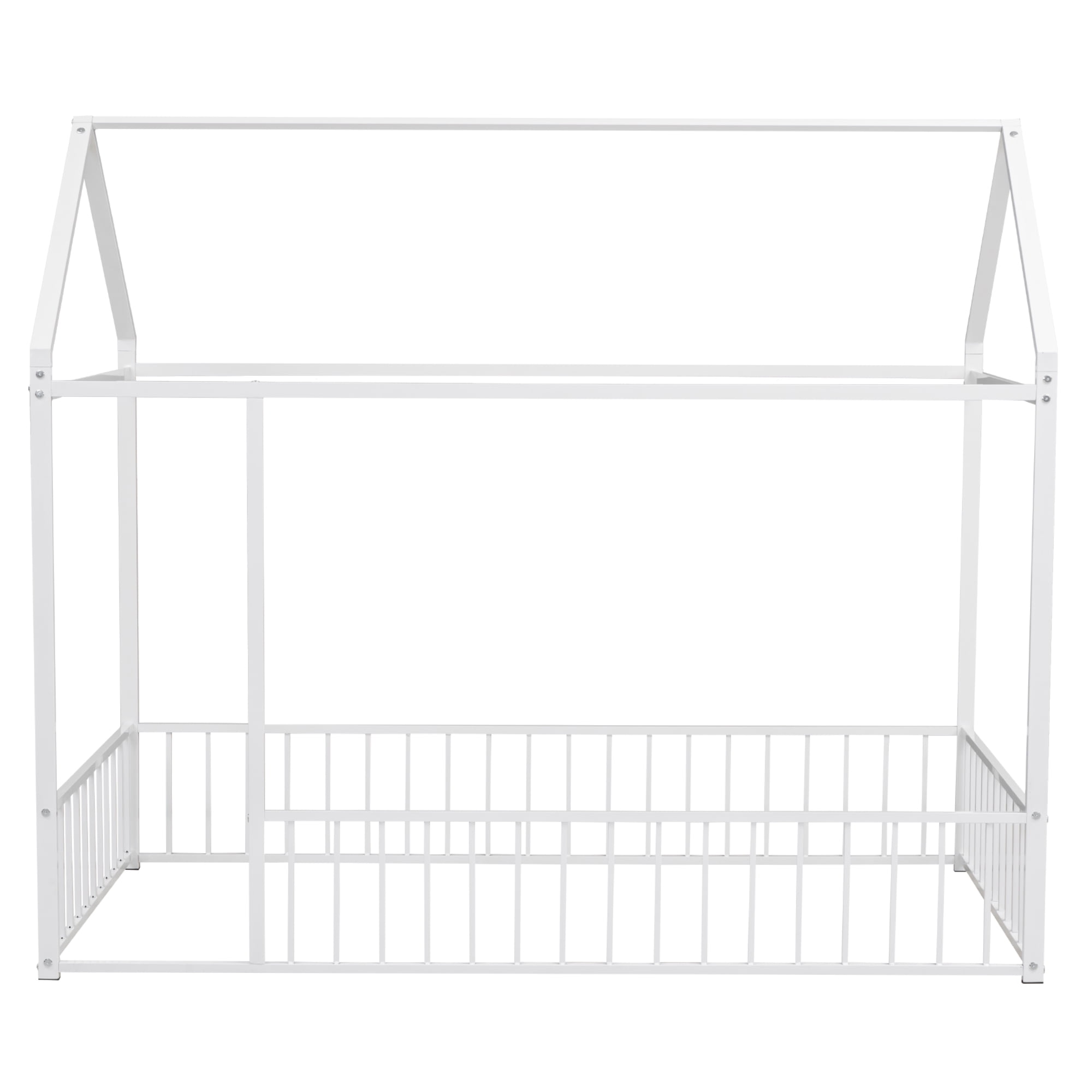 Harper & Bright Designs Metal Twin Size Floor Bed, House Bed Frame Montessori Beds with Fence Rails, Playhouse Beds for Girls Boys, White