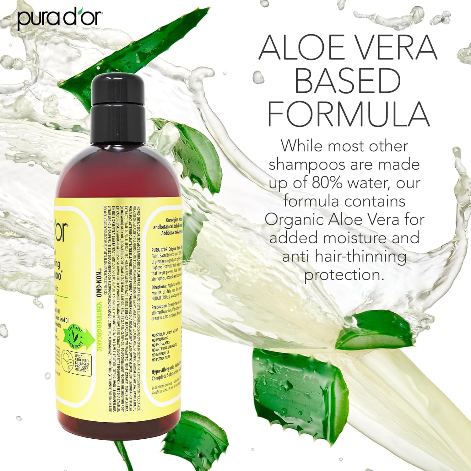 PURA D'OR Original Gold Label Anti Hair Thinning Biotin Thickening Daily Shampoo, Herbal, 16 fl oz