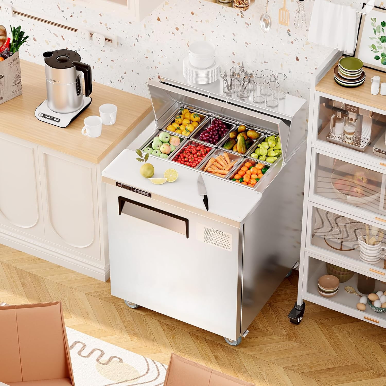 Senfot Stainless Steel Compact Commercial Refrigerator, Mini Fridge for Small Business Bar Cafe Kitchen Home Use 28"+8 plates
