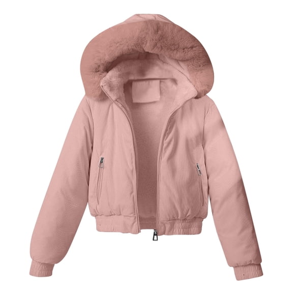 Women's Cropped Puffer Jacket Faux Fur Hood Full Zip Quilted Warm Winter Coat with Pockets Corduroy Style
