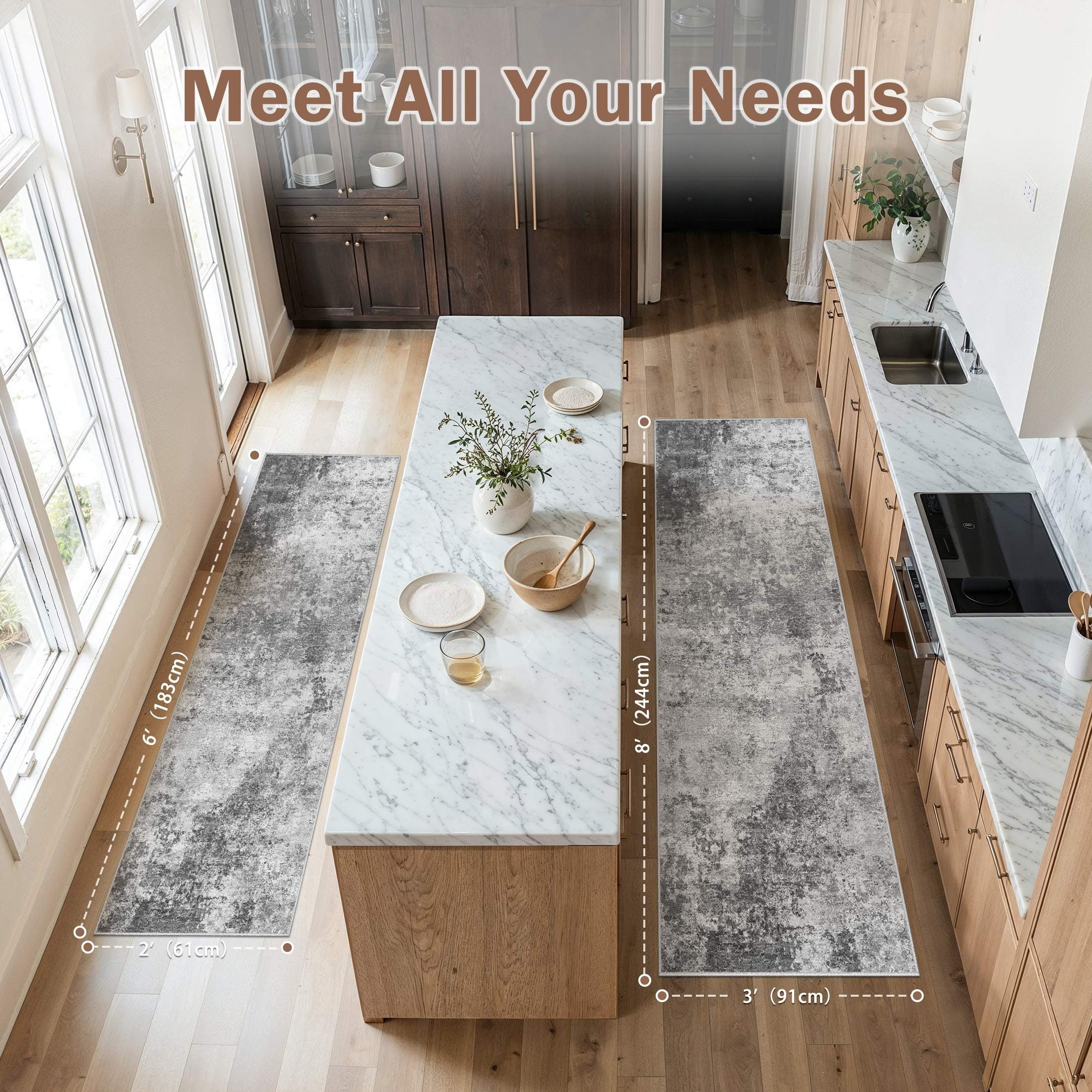 UERMEI 2'x6' Runner Rug, Washable Non-Slip Indoor Runner Rug for Kitchen Halfway Laundry Bedroom Living Room Carpet Area Rug, 2x6 ft Abstract Low Pile Kitchen Runner Rug, Dark Gray