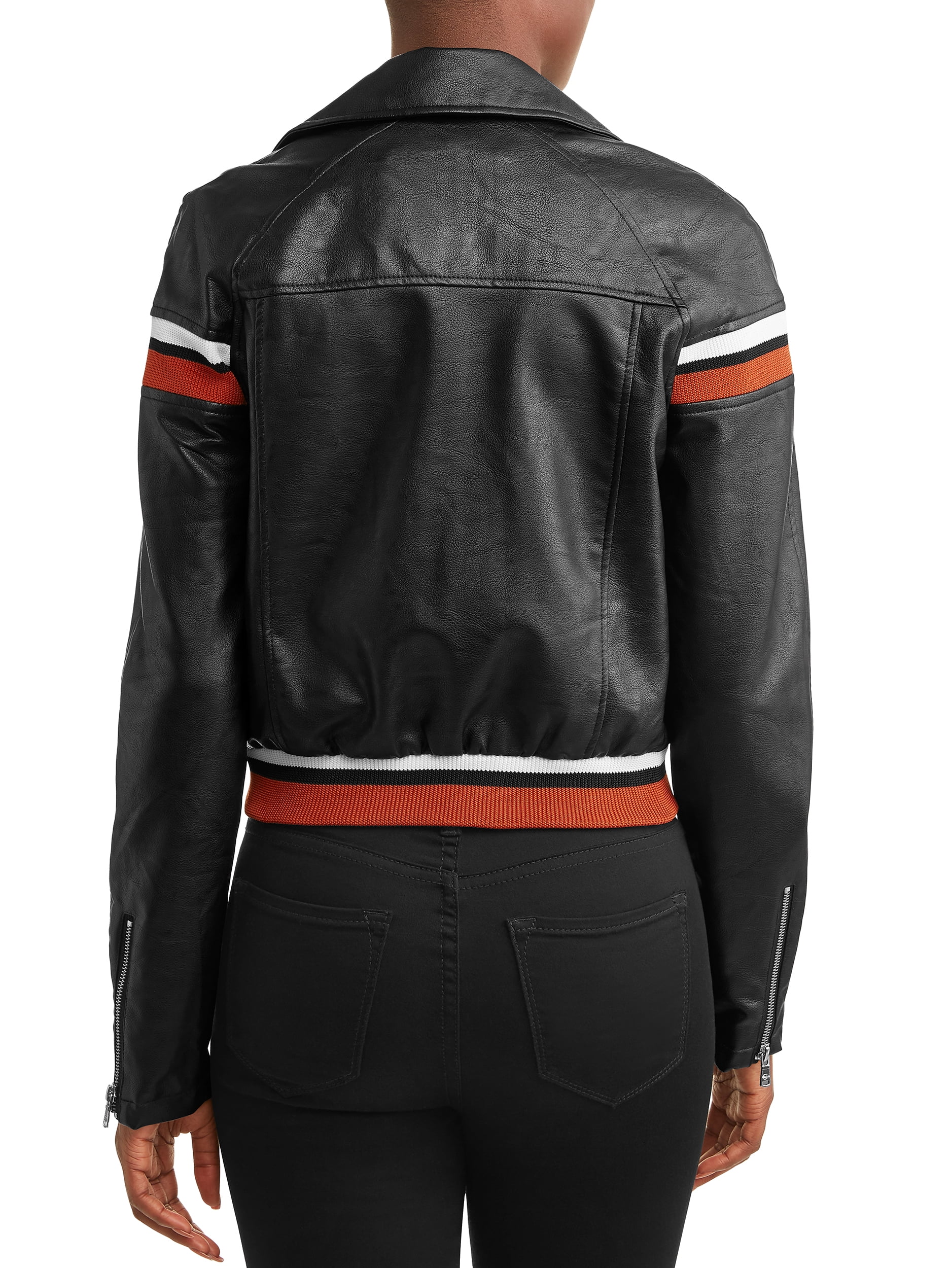Celsius Women's Faux Leather Jacket with Varsity Stripes