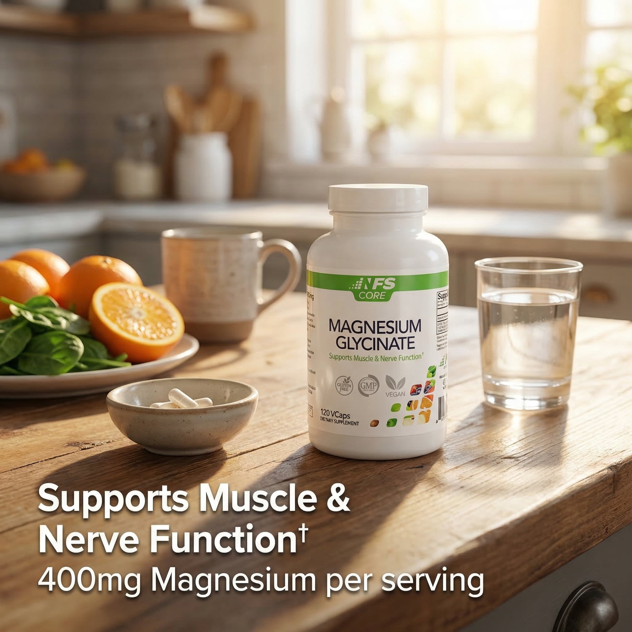 NF Sports Core Magnesium Glycinate High Absorption 400 mg per Serving Vegetarian Capsules, 60 Servings, 120 Count
