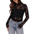 thumbnail image 3 of VBVC Women's Long Sleeve Lace Mesh Sheer Top,Ladies High Neck See-Through Floral Blouse,Slim Fit Party Clubwear Crop Top for Women,Black,S-XL, 3 of 7
