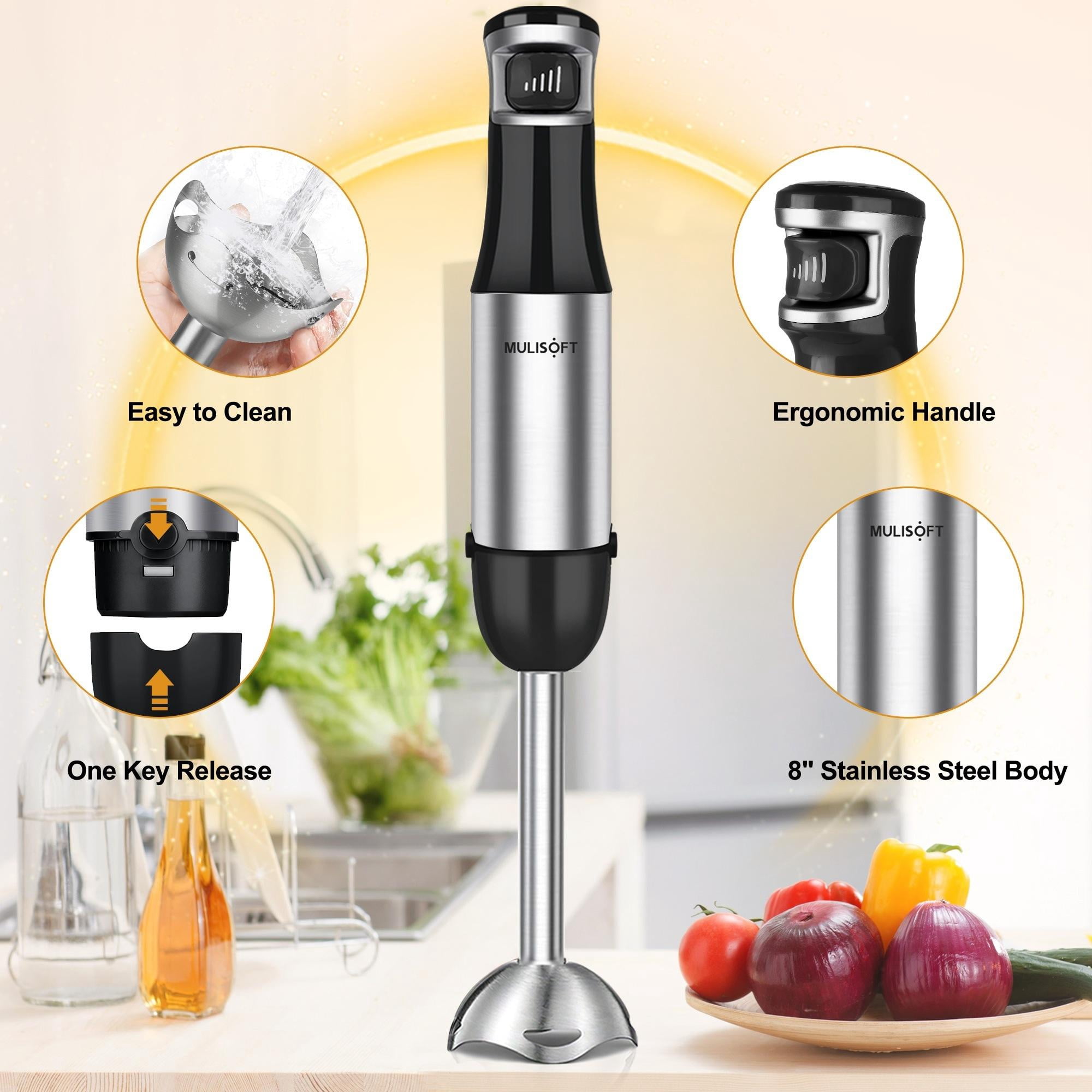 MULISOFT Immersion Blender Handheld, 1100W 5-in-1 Hand Blender with Variable Speed Design for Baby Food, Soup, Smoothies & Baking, Easy to Clean