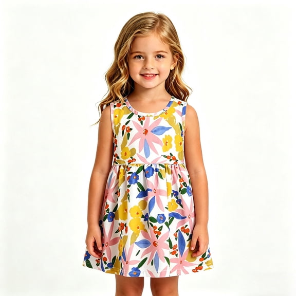 Dress Girls Size 4-5Y Kids Floral Print Sleeveless A Line Soft Breathable Daily Party Dress Girl Dresses
