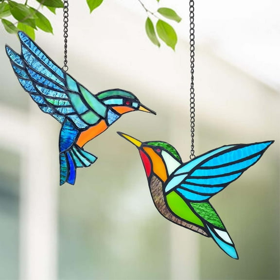 Ikohbadg Hanging Ornament, 2 Pack Hummingbird Stained Glass Birds Window Hangings, Stained Glass Decorations, Bird Suncatcher for Window Decor Hummingbird Gifts for Mom, Bird Lovers