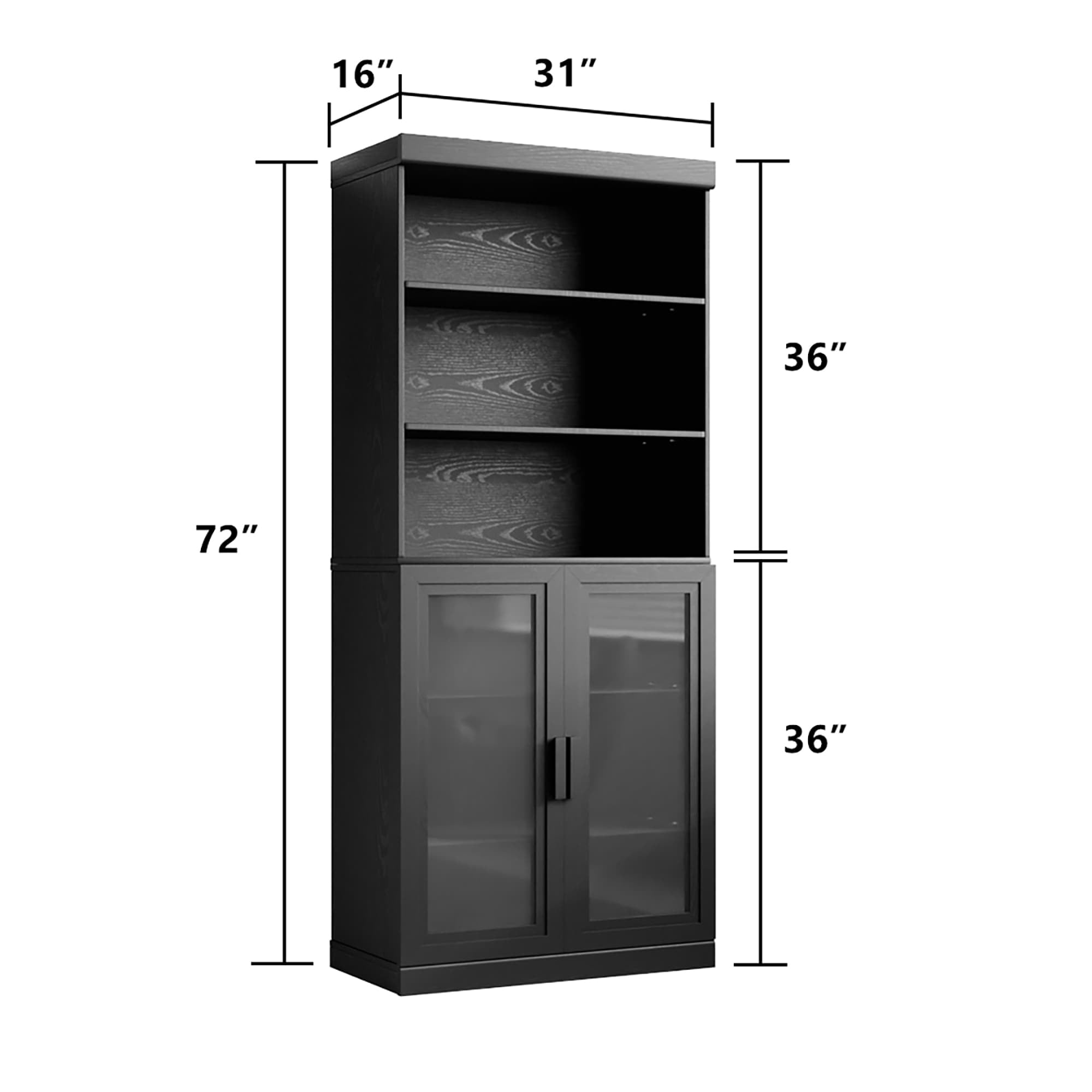 MAYEERTY Curio Display Cabinet with Glass Doors, DIY Combination Storage Cabinets with Adjustable Shelves for Living Room, Black