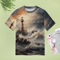 thumbnail image 4 of Lighthouse Sunrise Coast Scenery Pale Blue Tan Women's Short Sleeve Tops Casual Blouses T Shirt, 4 of 6