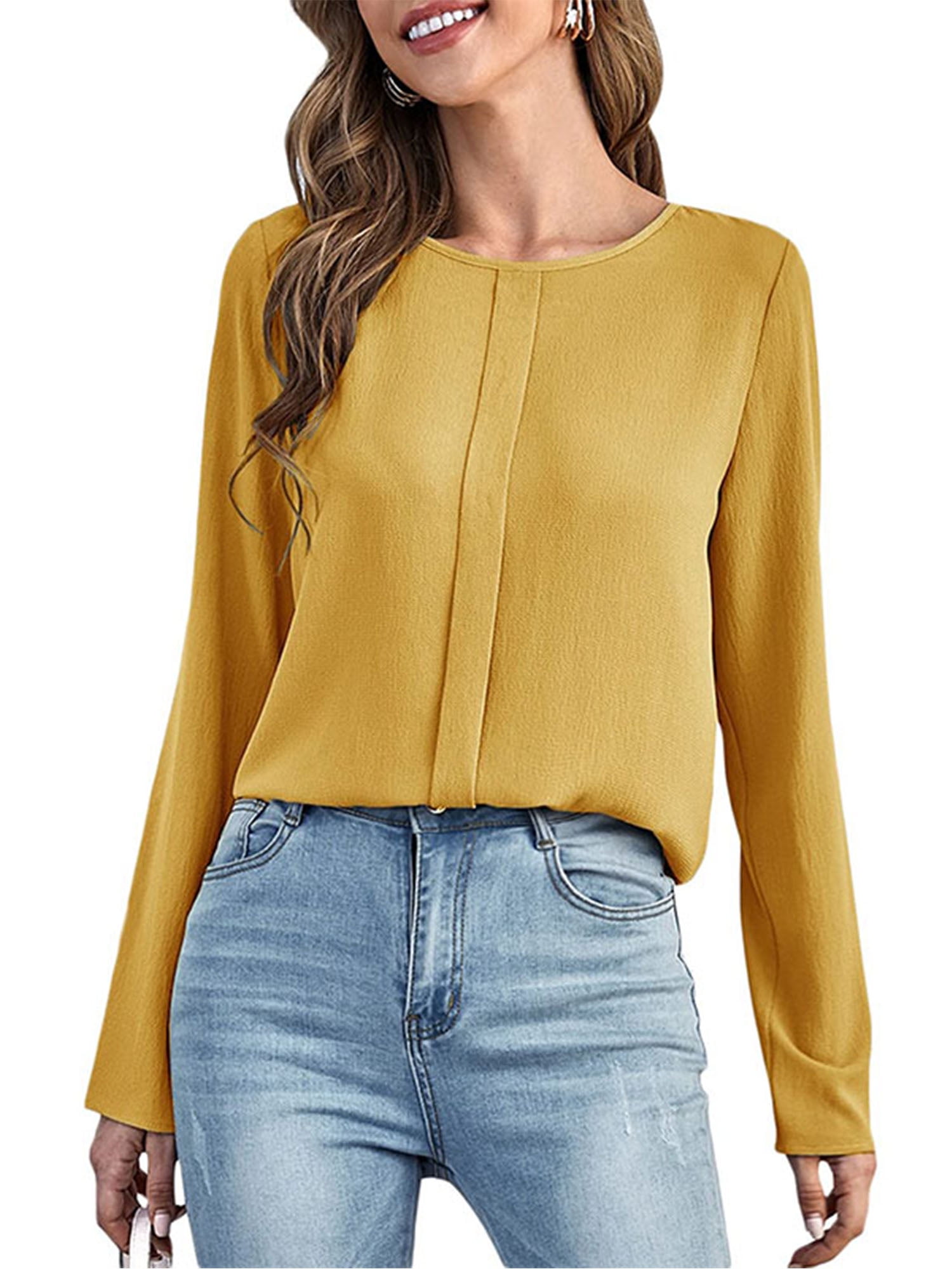 Women Long Sleeve Round Neck Blouse Solid Color Casual T-Shirt Elegant Tee Top Women Long Sleeve Round Neck Blouse Solid Color Casual T-Shirt Elegant Tee Top
