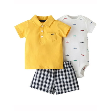 

3PCS Set Newborn Baby Boys Summer Clothes Shirt Top Plaid Shorts Romper Outfits