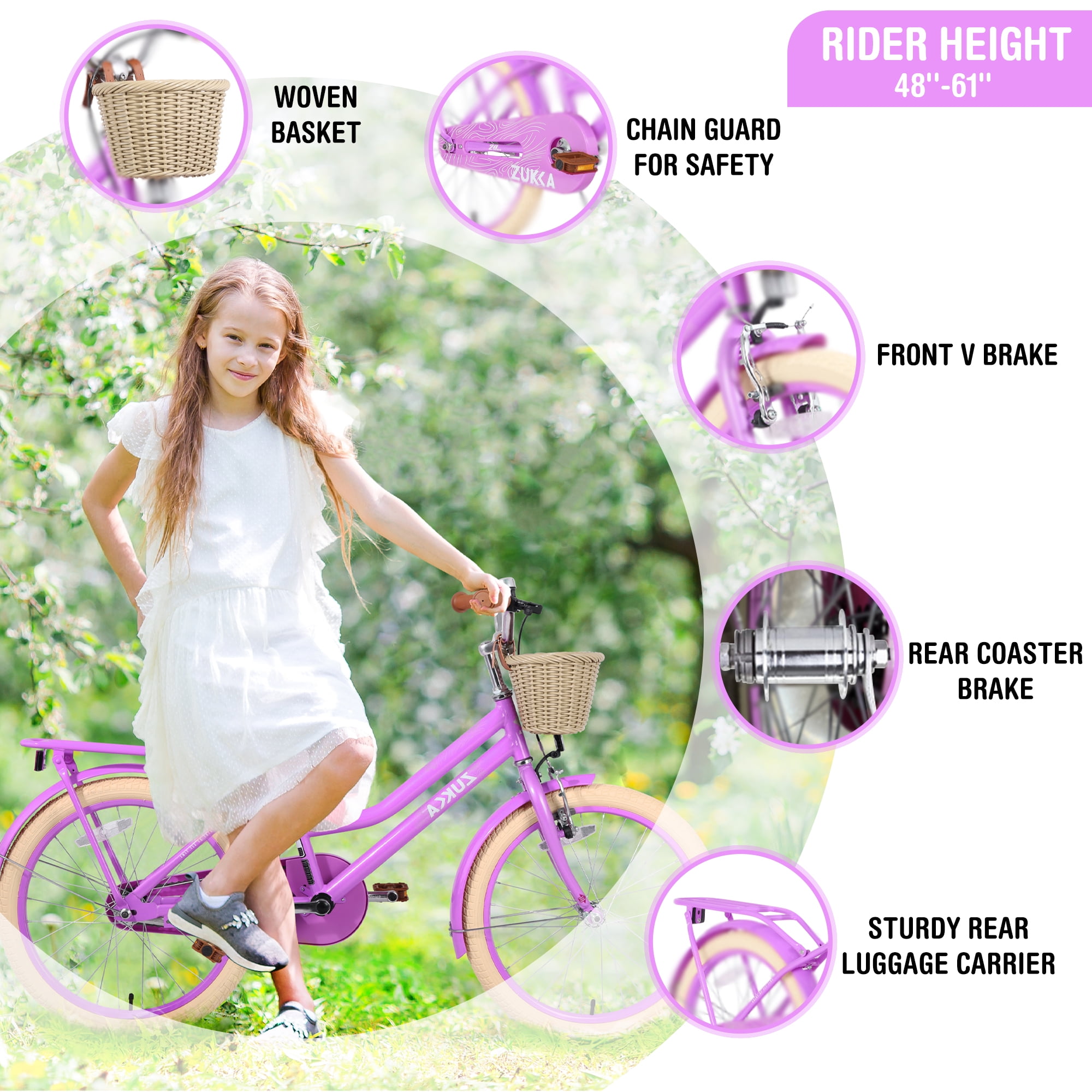 55.51'' Retro Cruiser Bike,20 inch Wheel Classic Bicycle with Wicker Basket & Bell,High Tensile Steel Frame,85% Pre-Assembled,Retro Bike for Outdoor Riding,Purple