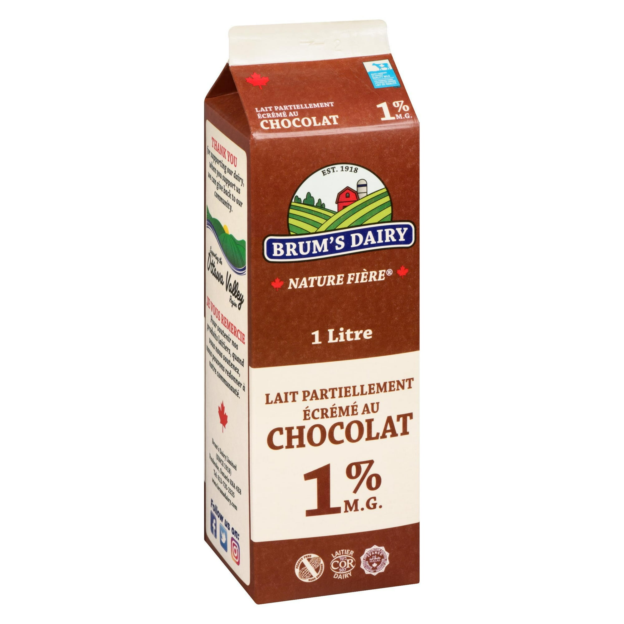 Brum's 1% M.F Chocolate, Partly Skimmed Milk.