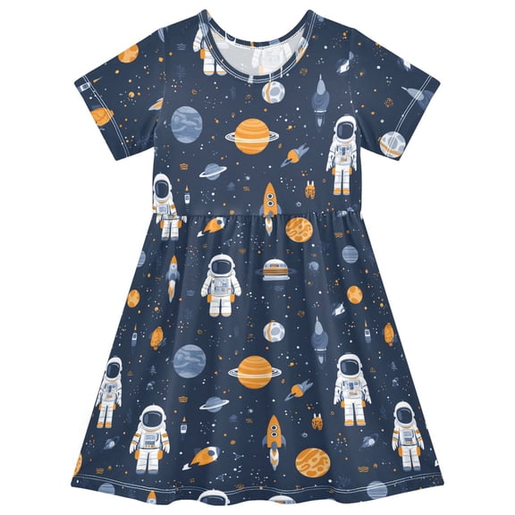 Astronaut Star Short Sleeve Dress A-Line Cute Midi Casual Sundress 2-8 Years