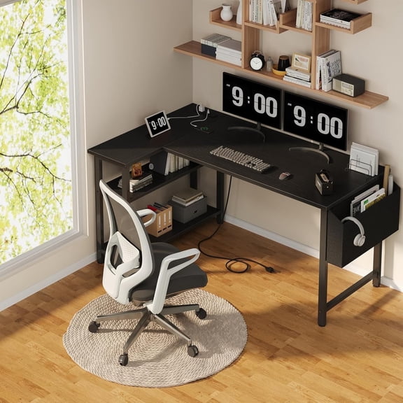 JEZWX L-Shaped Computer Desk with Power Outlet and Shelves, 47 Inch Corner Desk for Home Office Bedroom, Study Writing Working PC Desk, Black