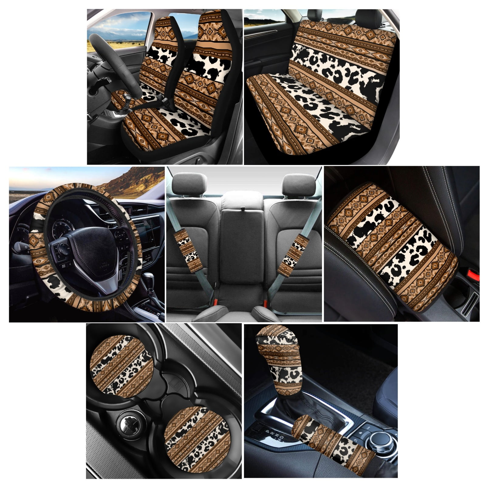 Renewold American Tribal Cow Print Brown 12 PCS Car Seat Cover Covers for Women, Non-slip Car Steering Wheel Cover Seatbelt Strap Shoulder Cover Coasters Armrest Pad Handbrake Cover Gear Shift Cover
