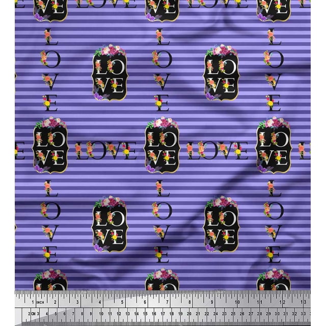 Soimoi Purple Rayon Fabric Stripe & Floral Alphabet Text Print Fabric by the Yard 42 Inch Wide