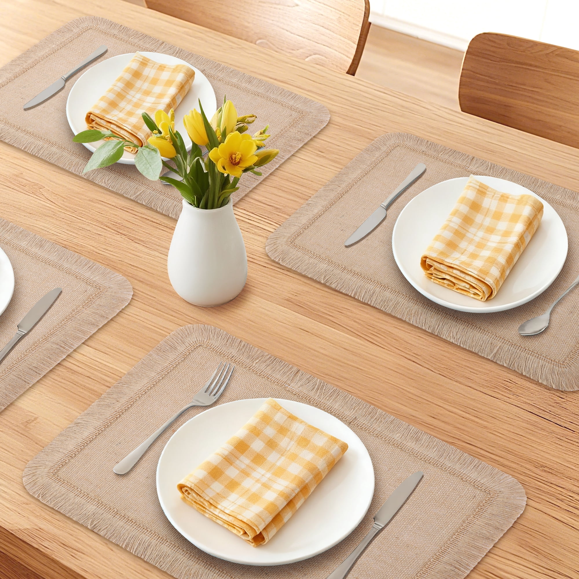 Unique Bargains Farmhouse Placemats 6pcs Jute Placemats Yellow Fringe 17.7"x11.8"
