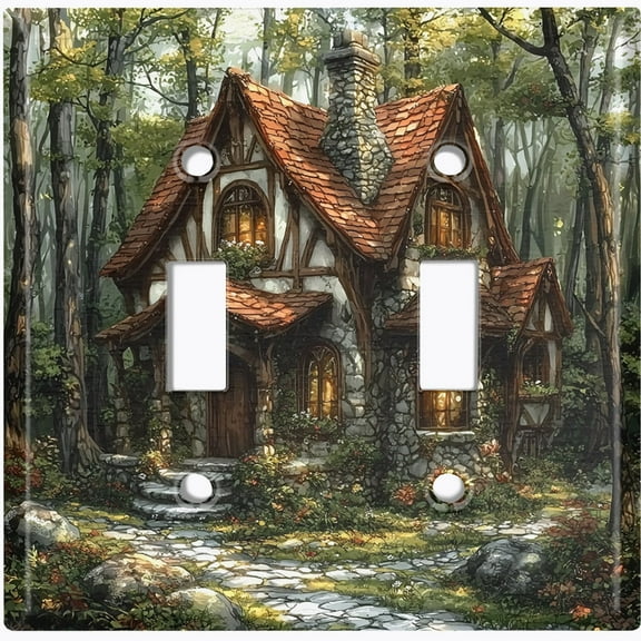 Metal Light Switch Wall Plate Outlet Cover (Whimsical Forest Cottage with Mushrooms - Double Toggle)