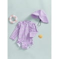 thumbnail image 3 of Nygoyerh Toddler Girls Rash Guard Swimsuit with Hat 2 Pcs Set Plaid Pattern Zip Up Long Sleeve Crew Neck Baby Girls Swimwears Infant Clothing 6M 9M 12M 18M 2T 3T 4T, 3 of 7
