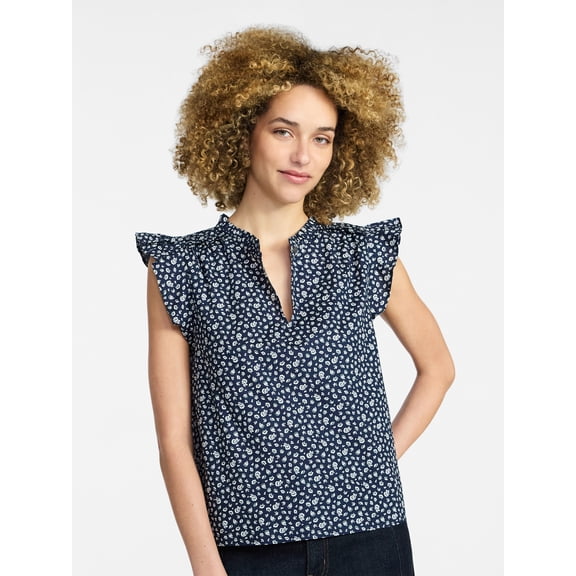 Time and Tru Women's Cotton Split Neck Top with Flutter Sleeves, Sizes XS-XXXL