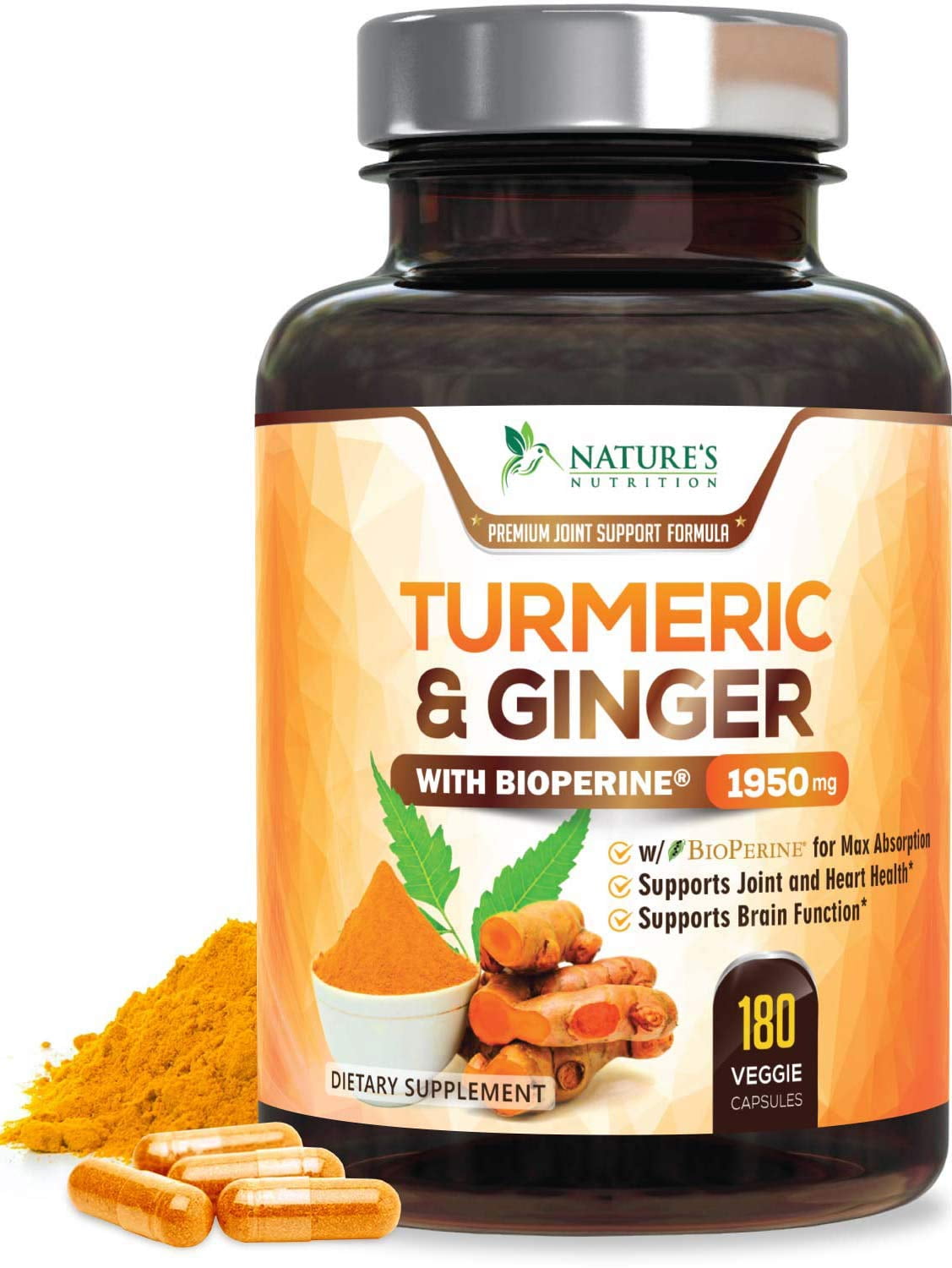 Nature's Nutrition Turmeric Curcumin with Ginger 95% Curcuminoids 1950mg with Bioperine Black Pepper for Best Absorption, Anti-Inflammatory Joint Relief, Turmeric Supplement Pills -  180 Capsules