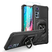For TCL 30 5G Hybrid Dual Layer with Ring Stand Kickstand, Rugged Shockproof   Screen Protector Tempered Glass Protective Cover ,Xpm Phone Case [ Black ]