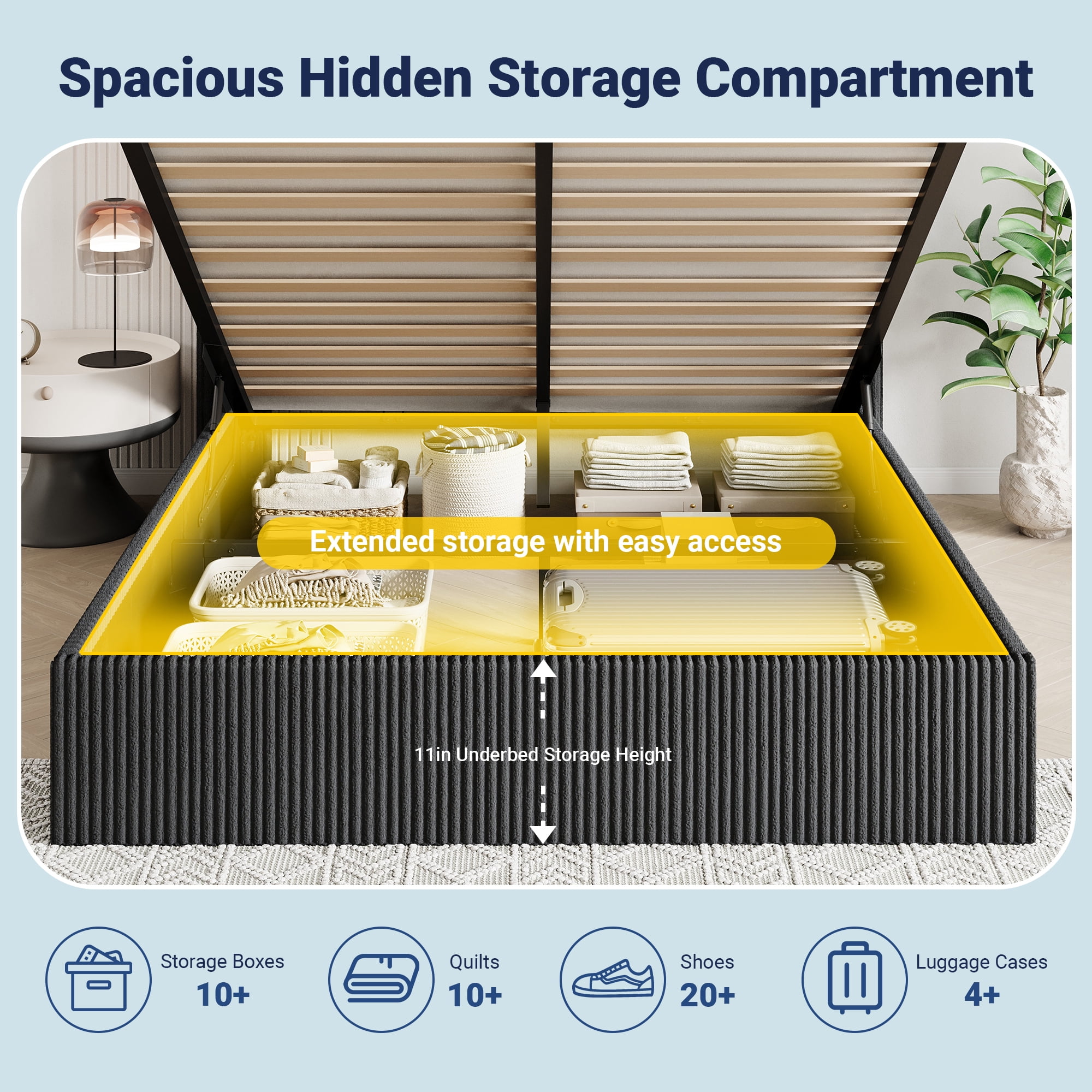 Allewie Queen Size Lift-Up Storage Bed Frame with Modern Wingback Headboard, Corduroy Upholstered Platform Bed, Hydraulic Gas Lift Support, Underbed Storage, Wooden Slats, No Box Spring Needed, Black