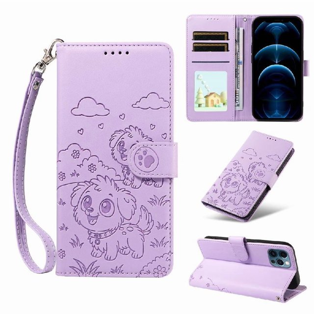 Funda Cartera GANGXUN con Diseño de Perrito en Relieve para iPhone 13 Pro , Protección 360° con Ranuras y Correa Desmontable