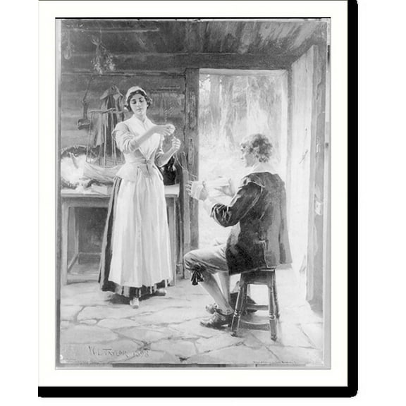 Historic Print, [John Alden, full-length portrait, seated, holding yarn for Priscilla], 16" x 20"