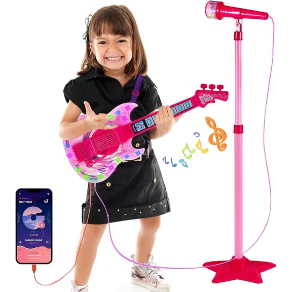 LEJHVAQK Guitar and Microphone Play Set for Kids, Karaoke Machine with Music&Light,Microphone Toys with Stand,Adjustable Height Guitar Toys for Kids,Toddlers,Child Perfect Gift & Birthday Gift