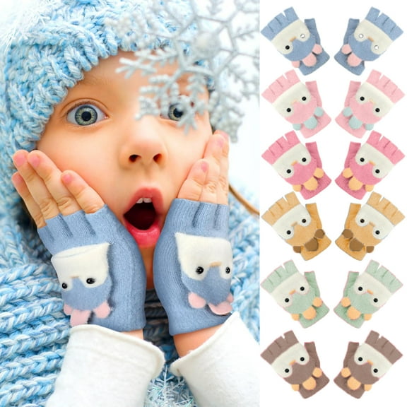 Cartoon Convertible Flip Top Gloves, Toddler Kids Winter Wool Knit Fingerless Gloves with Mitten Cover for Girls Boys 4-10 Yrs