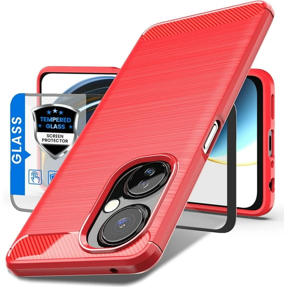 MYKOMI for OnePlus Nord N30 5G Case with Tempered Glass Screen Protector, Shock-Absorption Brushed Flexible Soft TPU Carbon Fiber Protective Cover for OnePlus Nord N30 5G (Red)