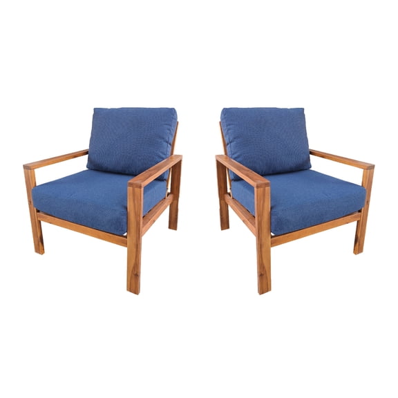 Veila Acacia Wood Indoor/Outdoor Lounge Chair with Seat & Back Cushions, 2-Pack (Blue)