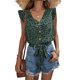 thumbnail image 1 of Camiseta informal de verano con cuello en V y cierre de botón con volantes y estampado de puntos para mujer para uso diario, 1 of 8